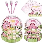 Lovarywow Farm Theme Birthday Decorations - 96PCS Oink Baa Moo Im Two Party Decorations Party Plates Napkins Forks Tableware Set Disposable Farm Animals 2nd Birthday Decor Supplies for Girl Serve 24