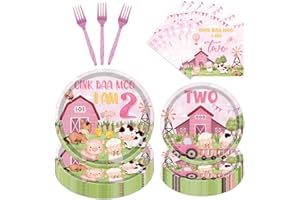 Lovarywow Farm Theme Birthday Decorations - 96PCS Oink Baa Moo Im Two Party Decorations Party Plates Napkins Forks Tableware Set Disposable Farm Animals 2nd Birthday Decor Supplies for Girl Serve 24
