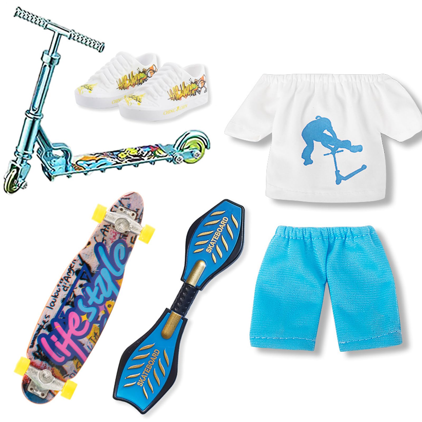 Mini Finger Toy Set, Finger Skateboard Finger Scooter Set with 1 Pair Skates Shoes Pants T-shirt Finger Vitality Board Mini Swing Board Fingertip Movement Toys for Kids Adults Party Favors