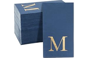 100 Pack Navy Blue Monogrammed Napkins with Letter M, Gold Foil Initial for Wedding Reception, Engagement Party (4x8 Inches)