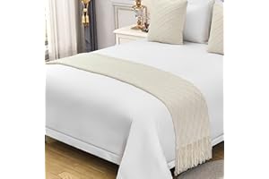 QQXX Cotton Knit Bed Runner,Knitted Throw Blanket with Tassel,Decorative Bedding Scarf Cover,Solid Color Woven Sofa Throw Bed Runner for Hotel Home Double Single King Size Bed(King 26x102inch, White)