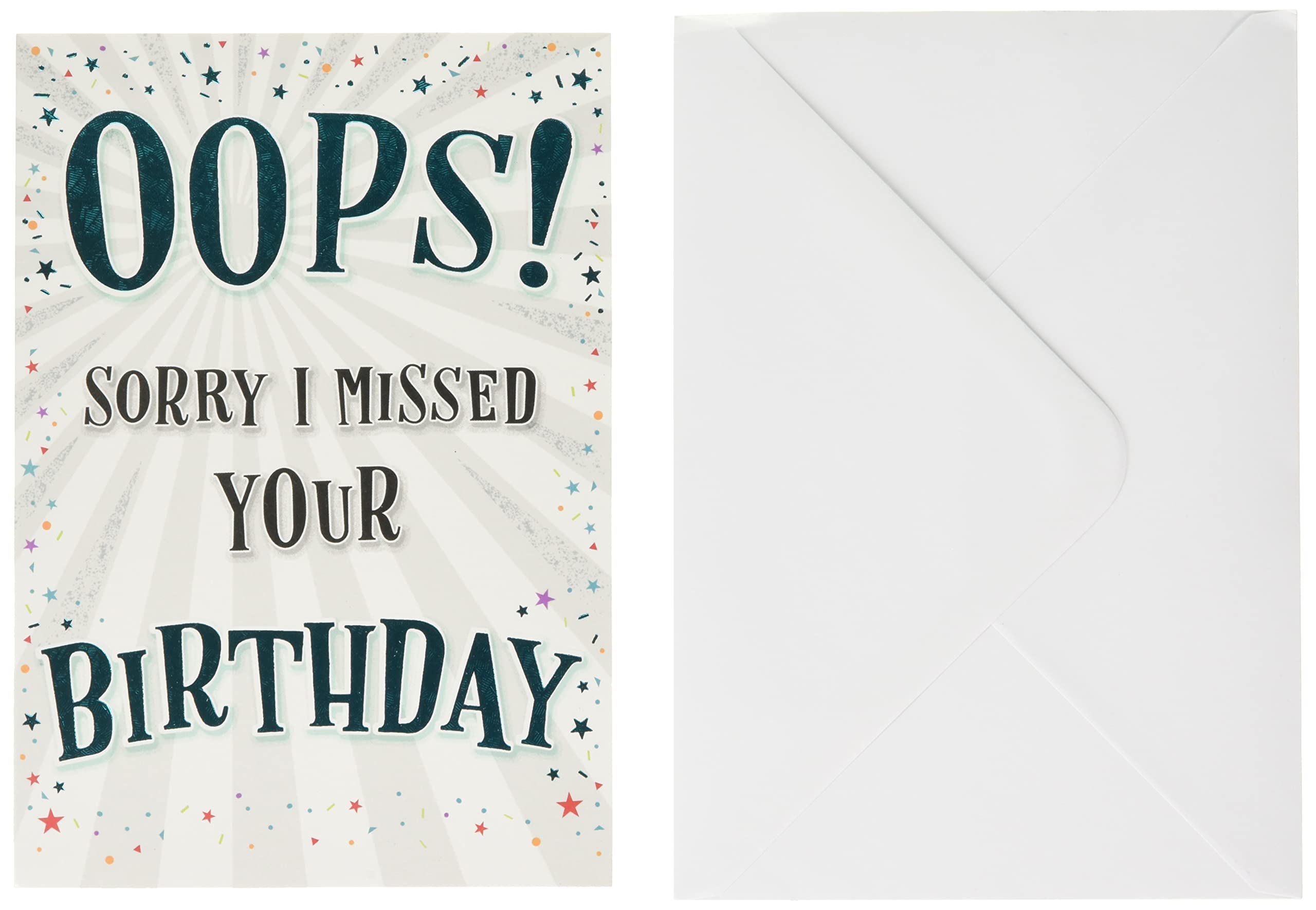 Piccadilly Greetings Modern Belated Opps Sorry Missed Your Birthday Card - 7 x 5 inches, white|black|gold|grey