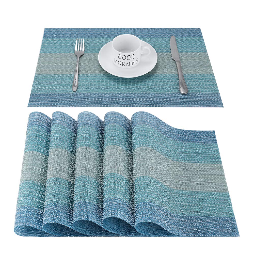 CHAOCHI Blue Table Placemats Set of 6 Washable Dinner Mats Stain Resistant Nonslip Wipe Clean PVC Woven Vinyl Mats for Kitchen Dining Table, Restaurant, 45CM X 30CM