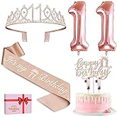 11th Birthday Decorations for Girls, Including 11th Birthday Sash and Tiara, 11 Candles and Cake Toppers, Rose Gold 11 Balloons and 3D Birthday Card, 11th Birthday Gifts for Girls 11 Year Old Birthday Party