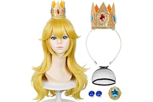LABEAUTÉ Blonde Princess Wig with Crown + Brooch + Ear Clip + Wig Cap,5 Peice Set of Golden Long Wavy Peach Cosplay Wig Costume for Halloween Party (Yellow Peach Child)