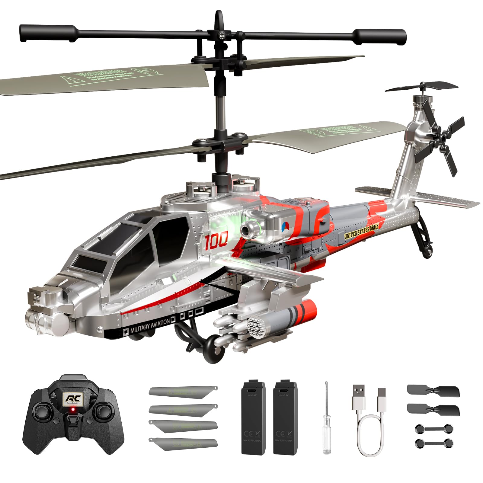 Apache RC Helicopter Toy for Adults, 2.4GHz Remote Control Helicopter Drone with 2 Batteries, LED Lights, One Key Take Off/Landing, Altitude Hold, Indoor Flying Toy Gifts for Kids Boys 8+ Silver