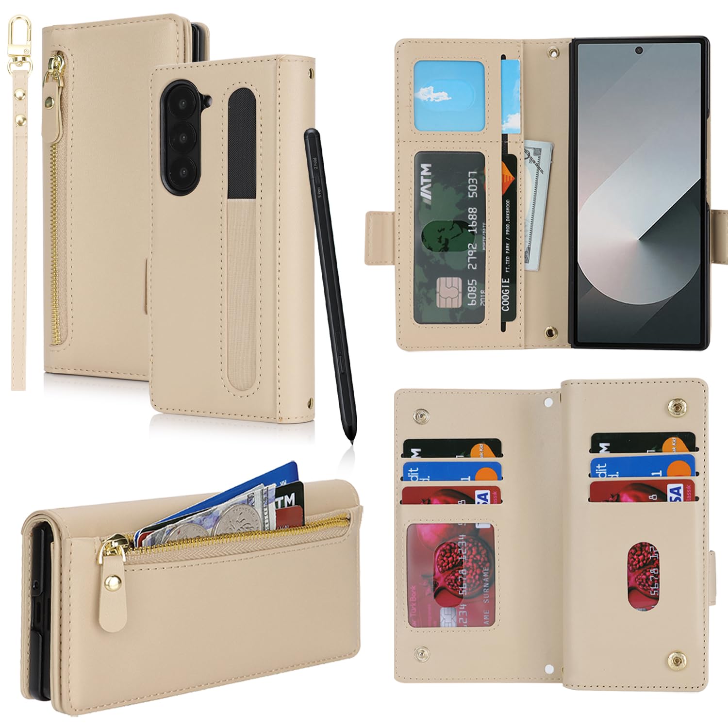 Jaorty Fit for Samsung Galaxy Z Fold 6 5G Case Wallet with S Pen Holder for Men Women [S Pen Not Include],Z Fold 6 /Fold6 Phone Case with Card Holder,Wrist Strap Zipper PU Leather Case,Beige