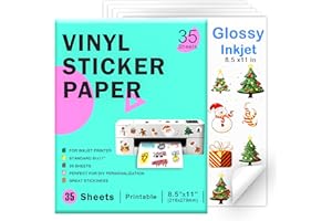 RUIBYTREE Printable Vinyl Sticker Paper for Inkjet Printer - 35 Sheets Glossy White - 8.5" x 11" - Waterproof Labels Paper, Dries Quickly,Vivid Colors,Tear Resistant,DIY Christmas Stickers