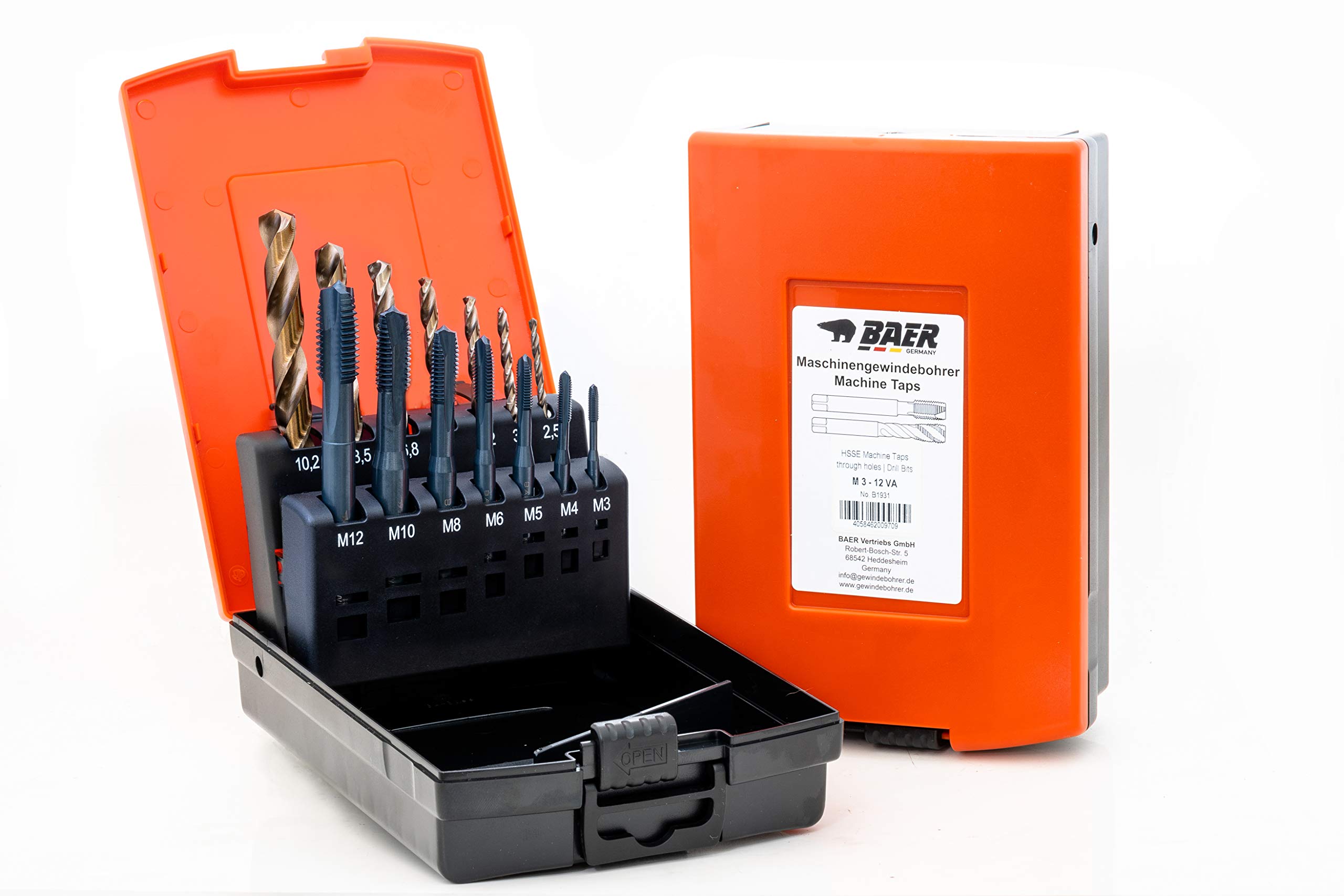 BaerCoil BAER Tap Set M3 - M12 - HSSE Stainless Steel - Machine Tap Through Hole + Core Hole - Stainless Steel Drill - Tap Set - Thread Cutting Set