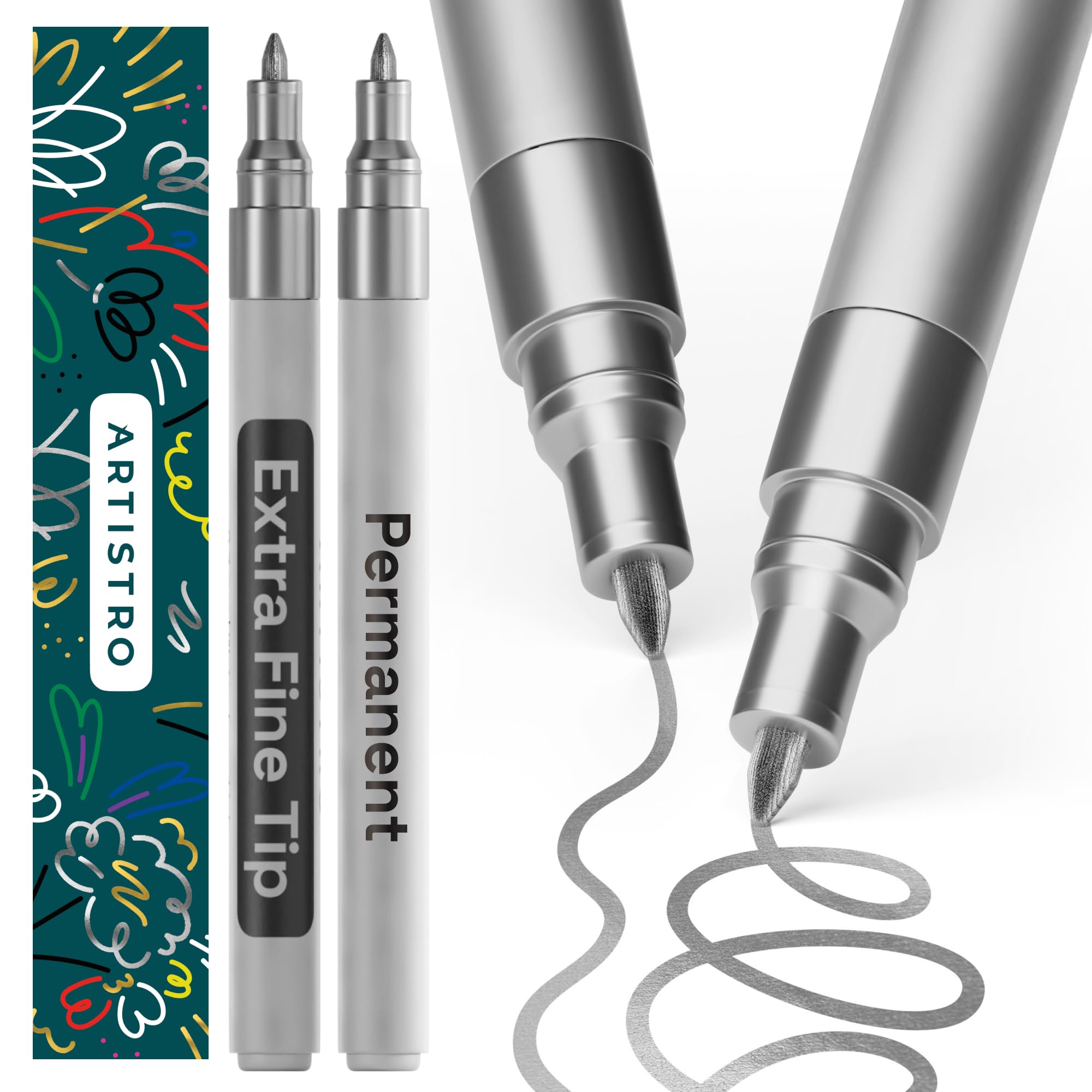 Photo 1 of ARTISTRO 2 Silver Permanent Marker - Waterproof Markers for Tire, Fabric, Rocks, Glass, Ceramic, Wood, Paper - Oil Based Paint Pens - Extra-Fine Tip 0.7mm