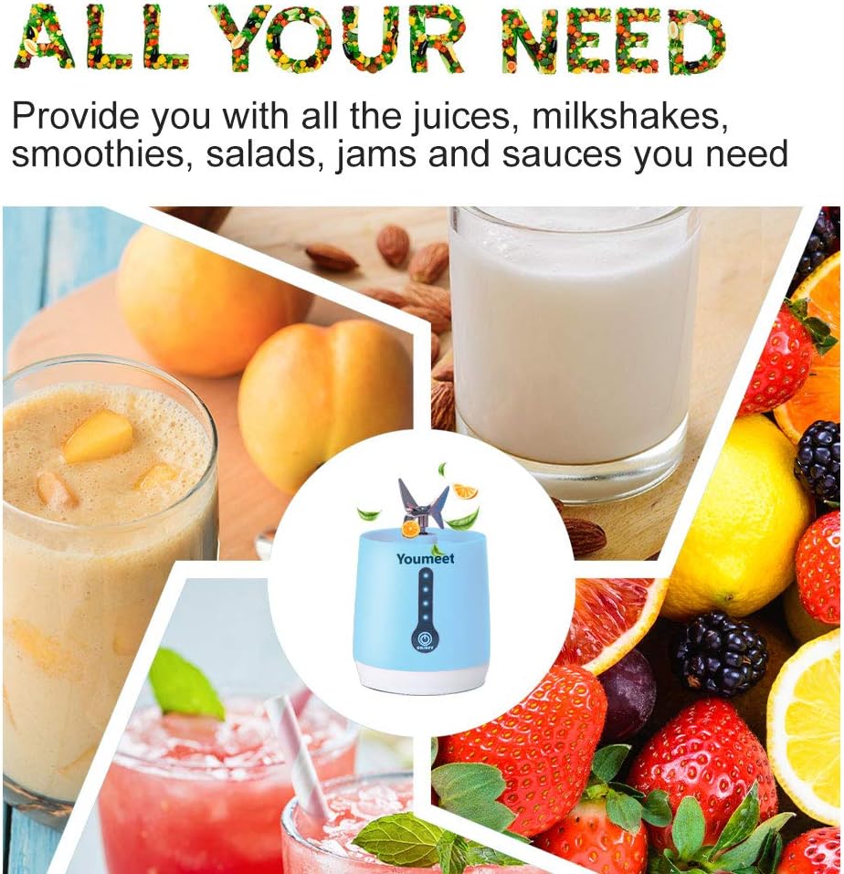 Smoothie Blender, Youmeet Cup Blender Remaining Power Display, USB Rechargeable Blender Mini Blenders for Smoothies with Cup Lid Brush for Fruits Veggies Ice Work Sports Travel: Kitchen & Dining