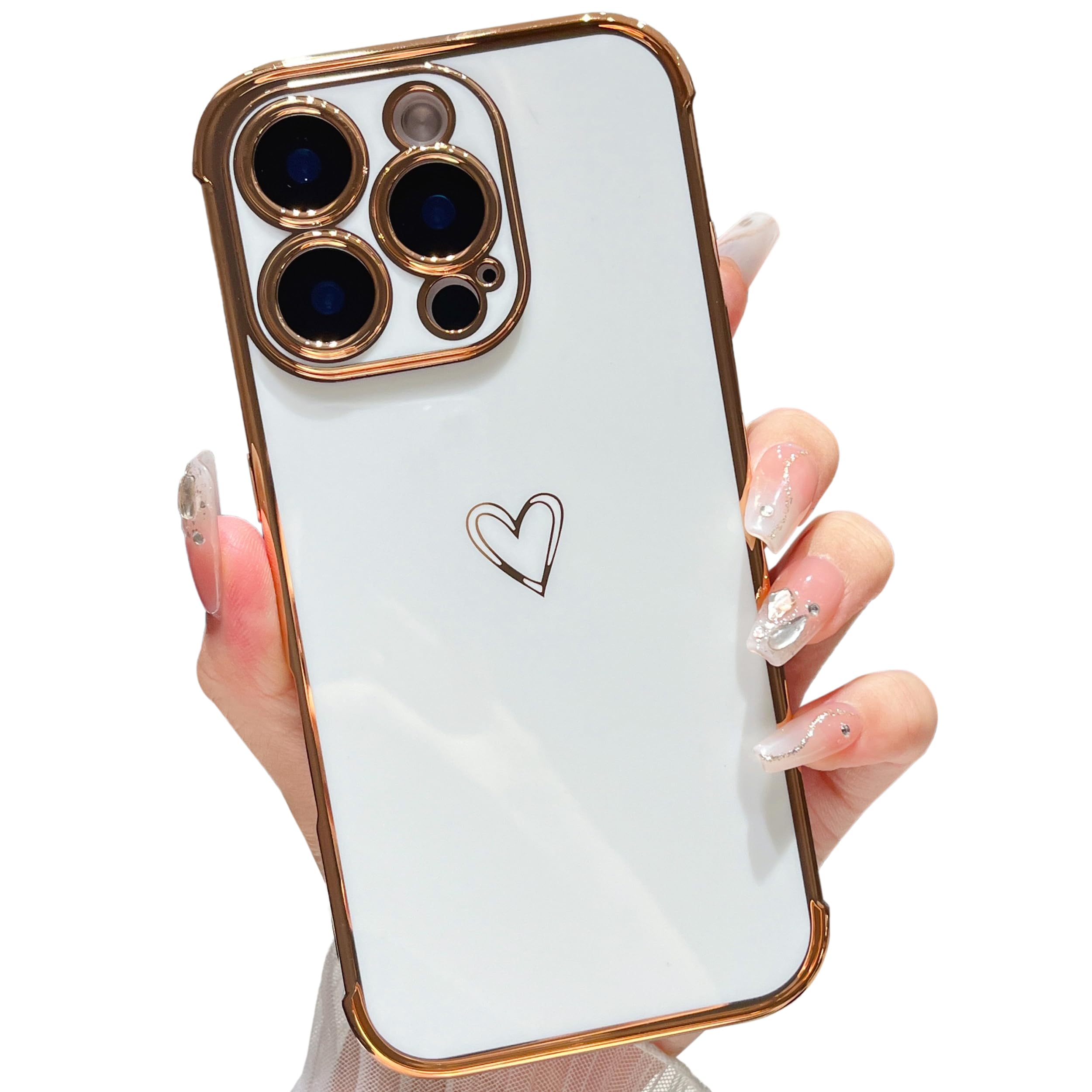 ZTOFERA Compatible with iPhone 16 Pro Max (6.9") Case for Girls Women, Flexible Soft Silicone Protective Phone Case with Cute Love Heart Pattern Plated Edging Shockproof Bumper Cover, White