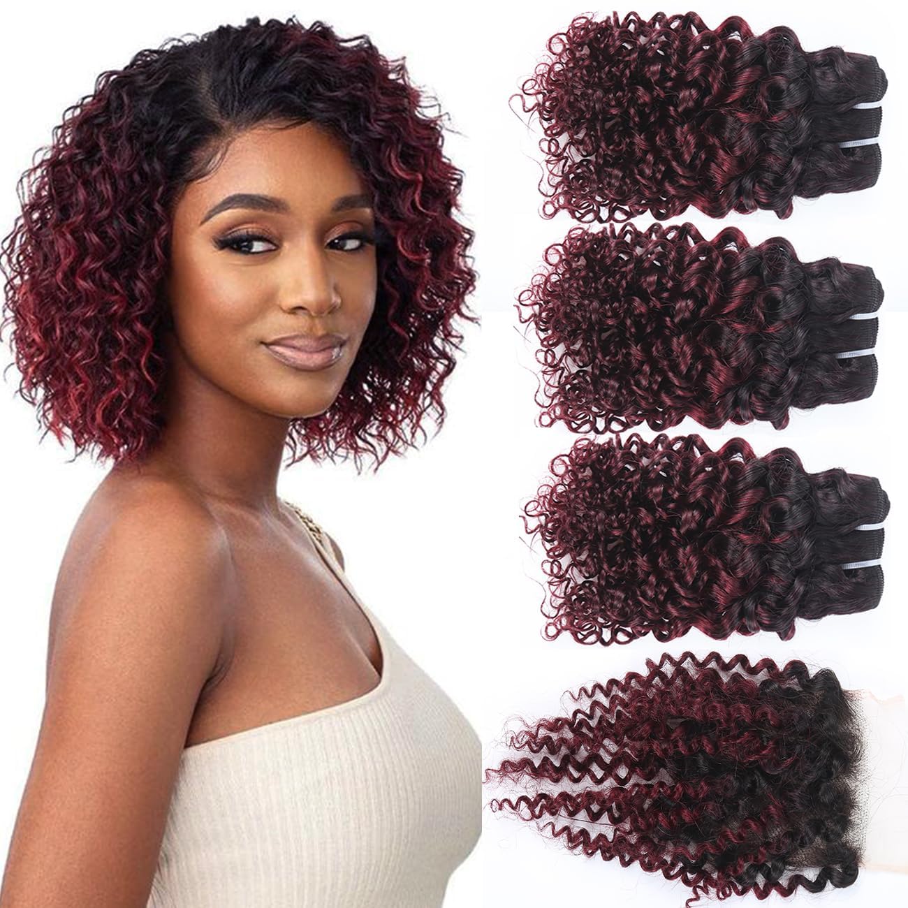 Sexycat Deep Curly Bundles with 4x4 Lace Closure Human Hair 10 10 10+10 Inch,#1B/99J Ombre Burgundy 100% Unprocessed Brazilian Virgin Hair Extensions Water Wave Weave Bundles with Middle Part Closure — image 1