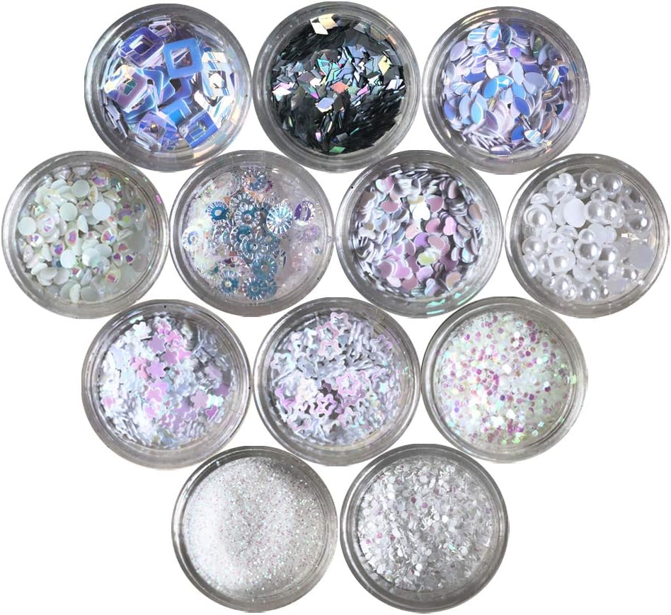 Nail Glitters Nail Art Flakes 12 Boxes Various Styles Chunky Cosmetic Glitter Hexagon Festival Sequins for Face Body Hair and Eye Make Up (White)