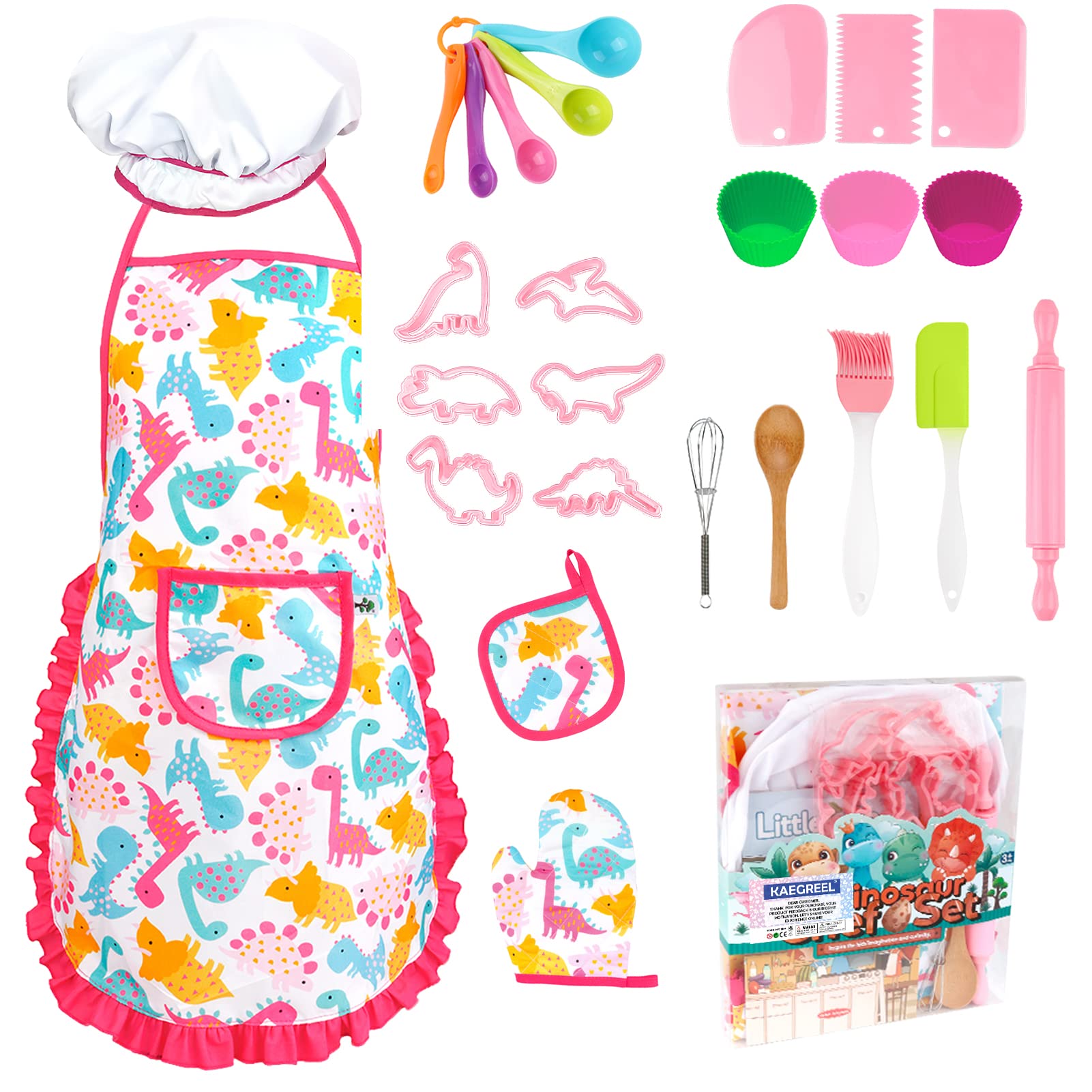 KAEGREEL Kids Baking Chef Set with Dinosaur Apron, 26pcs Kitchen Toys Kid Cooking Set with Chef Hat Spoons Whisk, Chef Dress Up Role Play Gifts for Boys Girls 3 4 5 6 7 Years Old, Pink — image 1