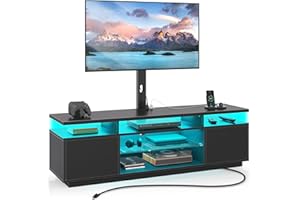 Rolanstar TV Stand with Mount and Power Outlet 59.1", Swivel TV Stand Mount for 32/45/55/60/65/70 inch TVs, Height Adjustable Modern Entertainment Center with Storage & LED Lights, Black TV Table