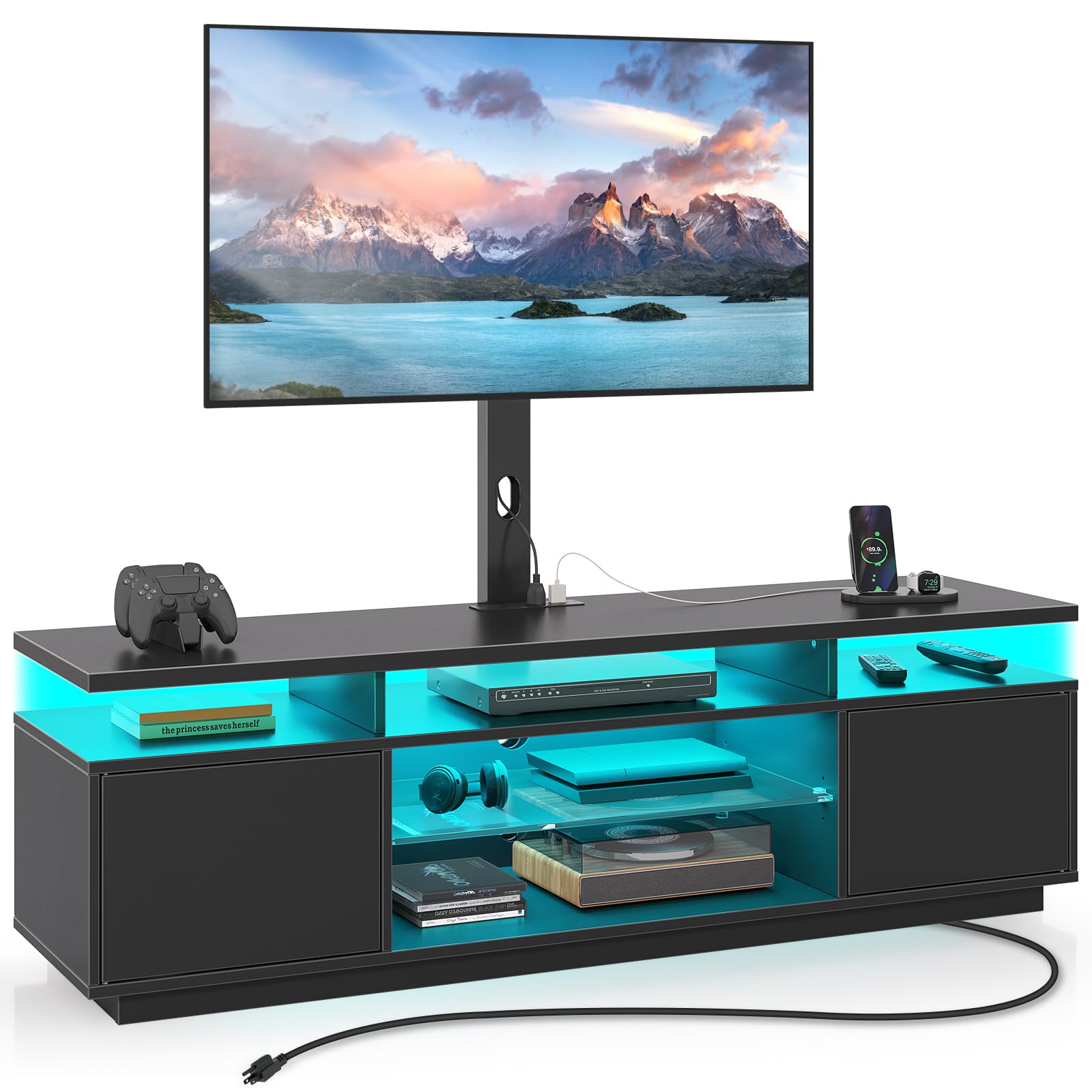 Photo 1 of ****BRAND NEW ITEM**** Rolanstar TV Stand with Mount and Power Outlet 59.1", Swivel TV Stand Mount for 32/45/55/60/65/70 inch TVs, Height Adjustable Modern Entertainment Center with Storage & LED Lights, Black TV Table