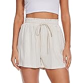 Cizayoi Women's Linen Shorts Wide Leg High Waisted Drawstring Summer Casual Beach Shorts with Pockets
