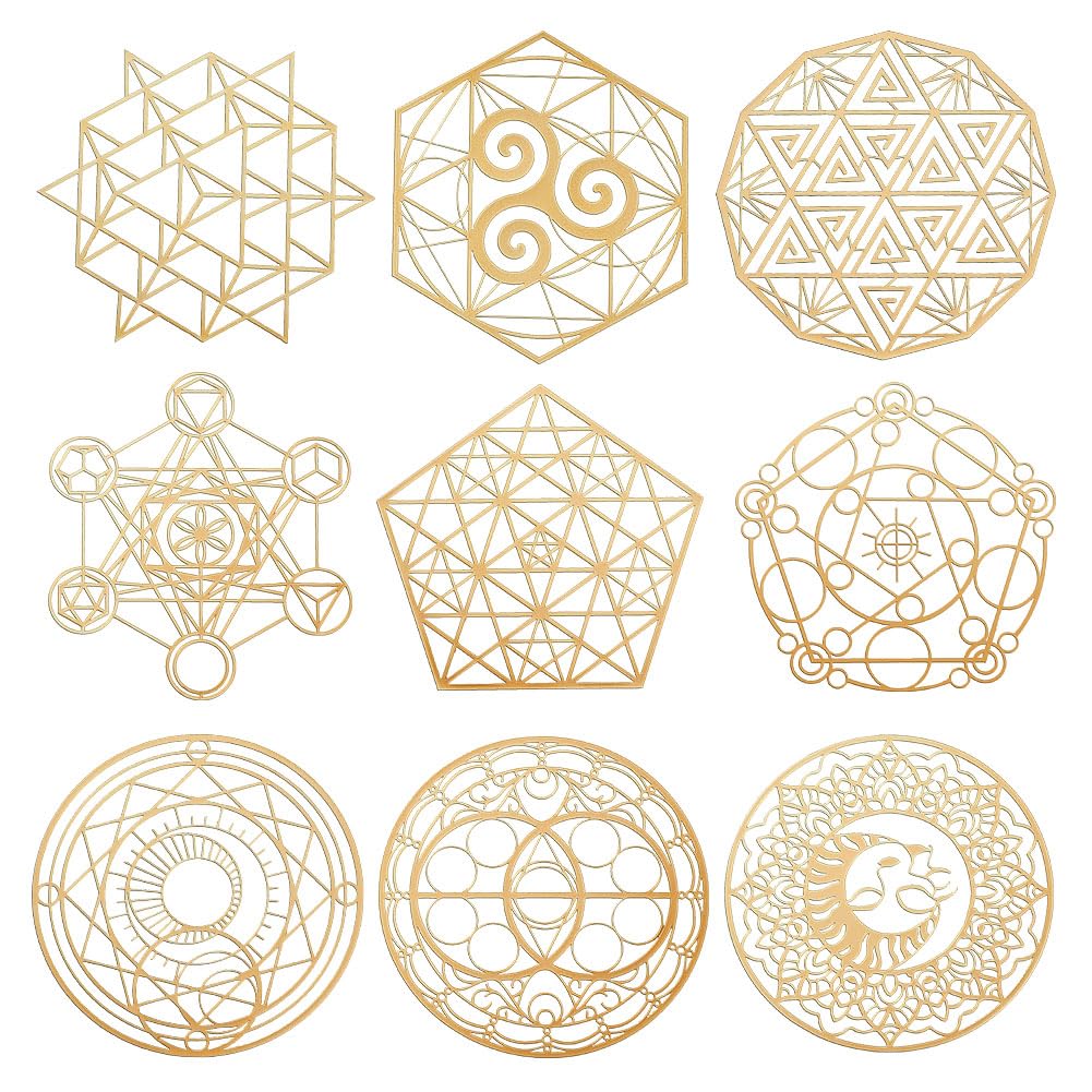OLYCRAFT 9Pcs Sacred Geometry Metal Energy Stickers Flower of Life Orgone Pyramid Stickers Stainless Steel Golden Stickers for Scrapbooks DIY Resin Crafts Phone & Water Bottle Decoration