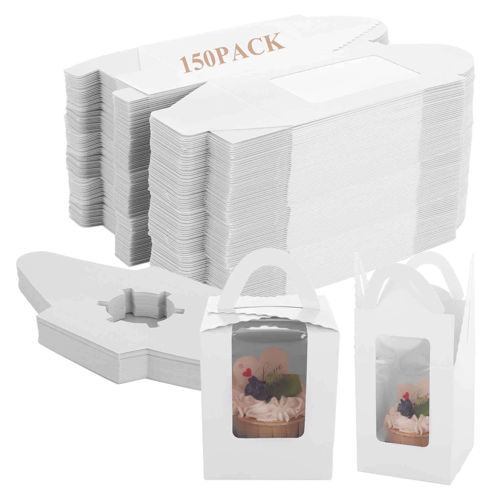 SHUESS 150 Pack Cupcake Boxes Individual, Single Cupcake Boxes, 1 Hole Cupcake Box with Window and Insert - White Cup Cake Box with Handle, Ideal for Cupcakes, Pastries and Doughnuts