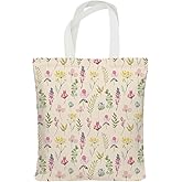 Chicimln Beige Pastel Floral Tote Bag, Cottagecore Flower Canvas Tote Bags for Women, Aesthetic Rustic Wildflower Botanical Reusable Grocery Shopping Bags