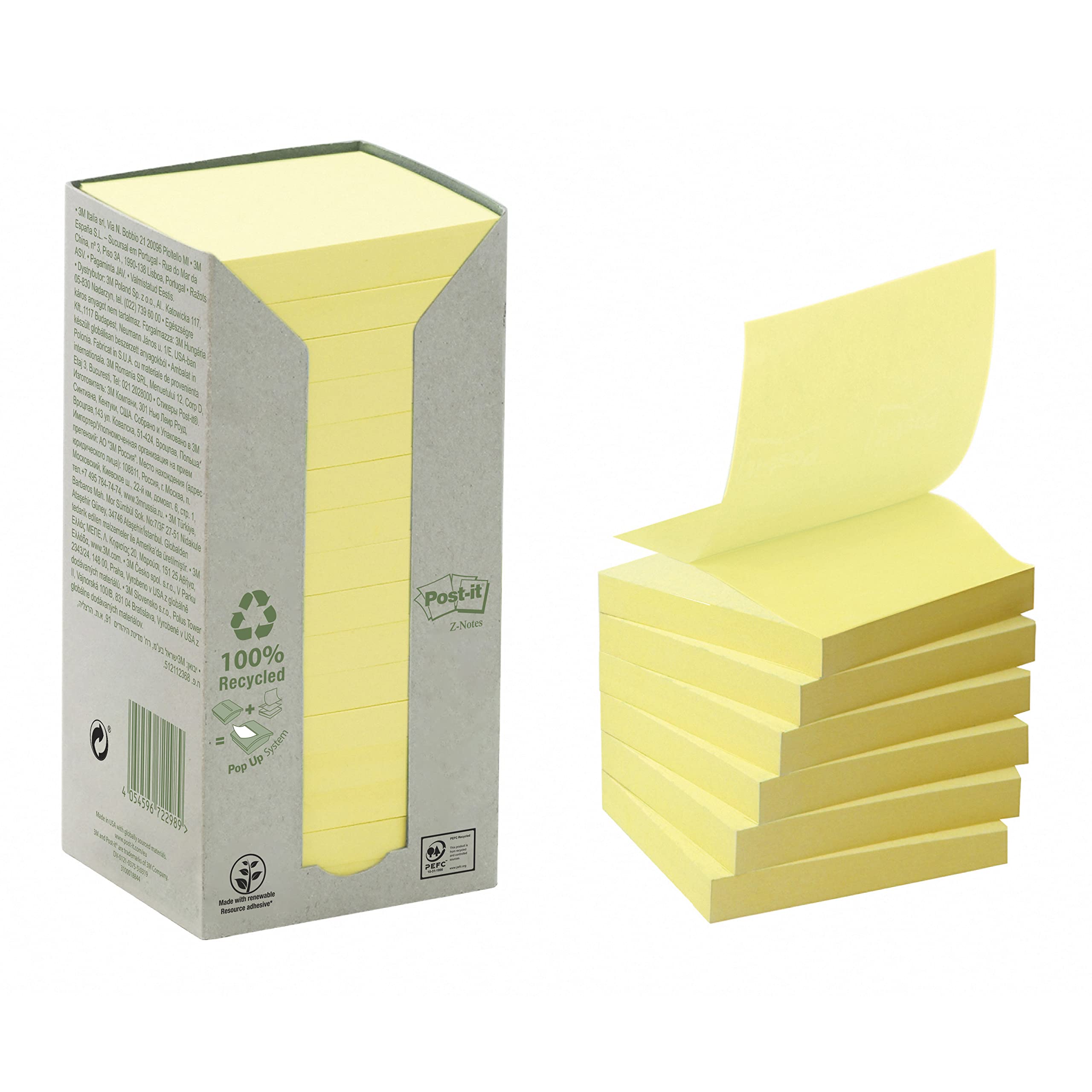 Post-it Recycled Z-Notes, Pack of 16 Pads, 100 Sheets per Pad, 76 mm x 76 mm, Canary Yellow - Extra Sticky Notes Made from 100percent Recycled Paper