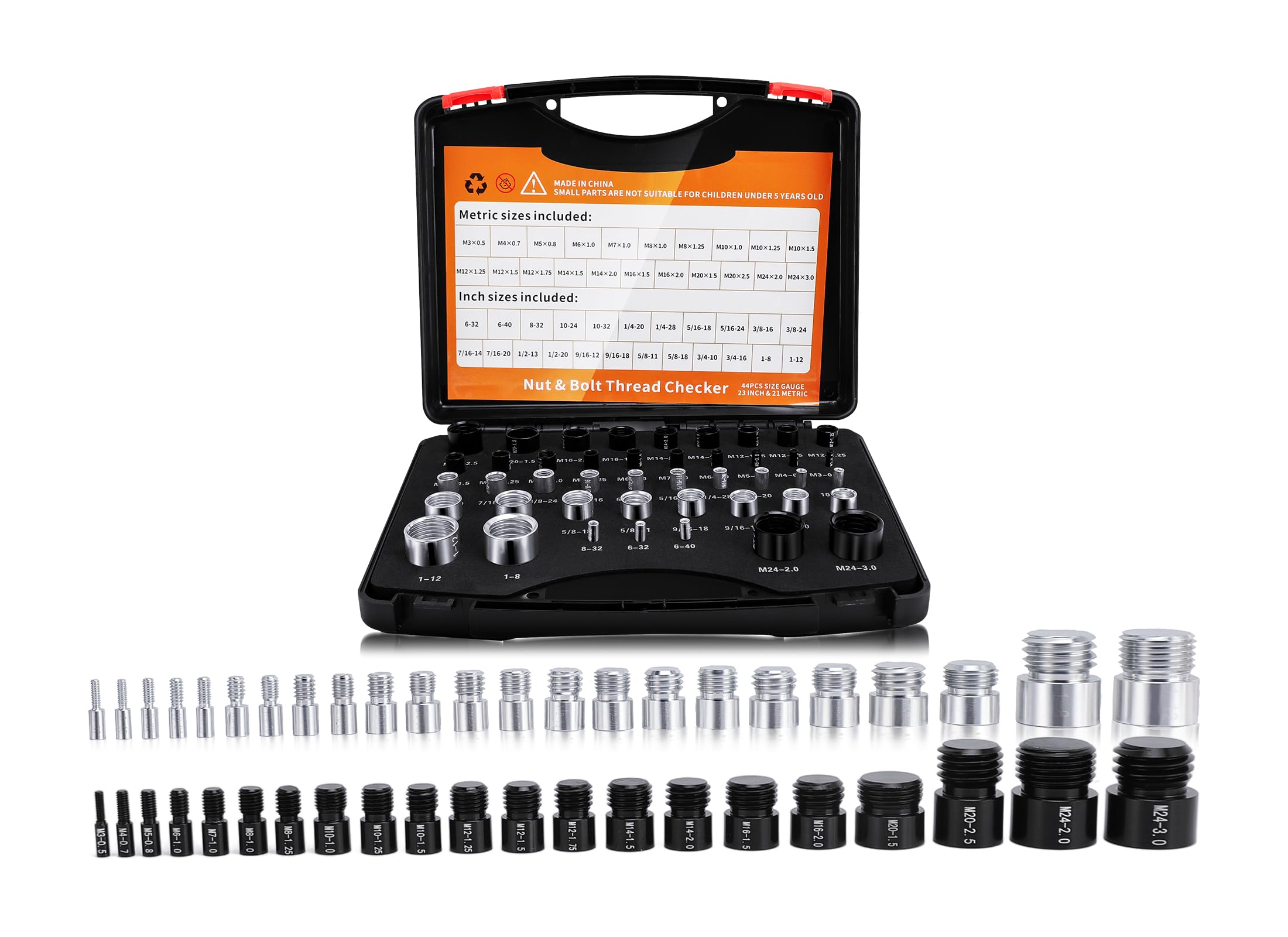 44PCS Nut and Bolt Thread Checker, Thread Checker Box, Bolt Thread Identifier, Made of ALUMINIUM Material, High Testing Accuracy, Multiple Size Options