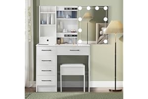 Airmeilan Vanity Desk, Makeup Table with Movable Mirror & 3 Adjustable Brightness,Dressing Table with 6 Drawers and 6 Shelves