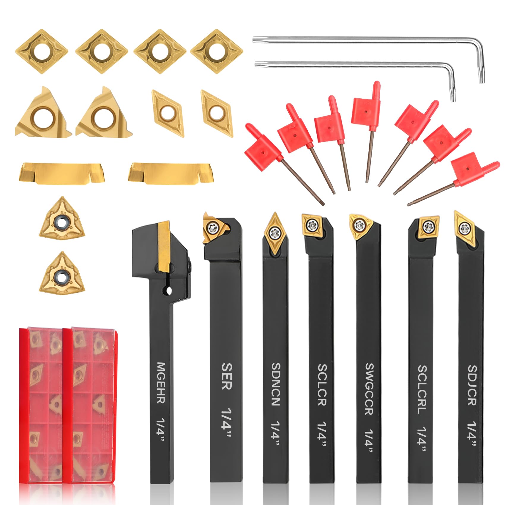 Photo 1 of Indexable Lathe Turning Tool 21Pcs Kit 1/4'' 6mm Shank 7Pcs Metal Lathe Tools Holder Set with 14Pcs Turning Inserts for Turning Grooving Threading Boring Carbide Inserts Carbide Turning Tool