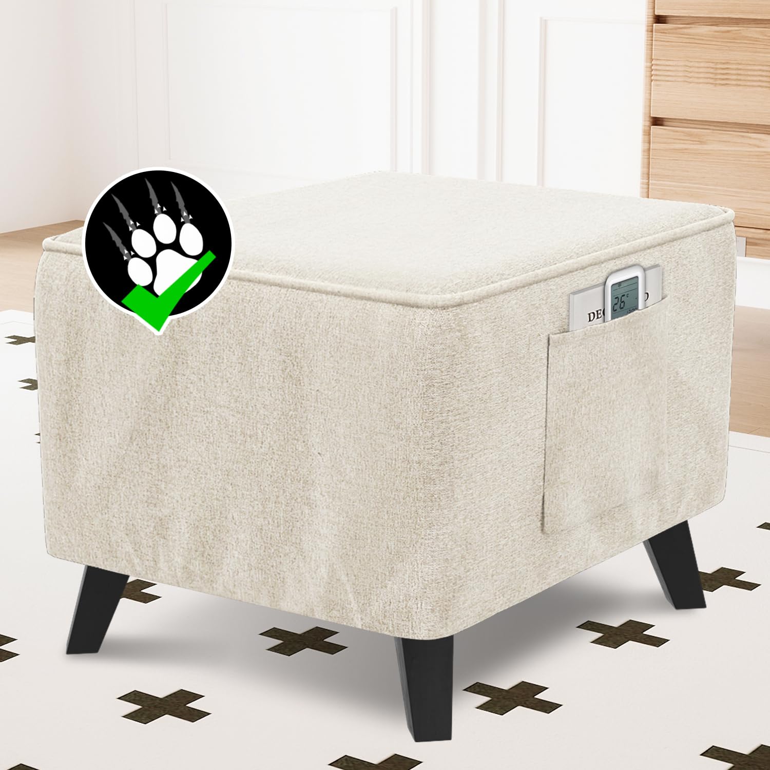 Photo 1 of H.VERSAILTEX Sturdy Ottoman Cover Linen Look Ottoman Slipcover with Storage Side Pocket Thick Footrest Stool Covers with Elastic Band for Square Ottoman Fit Length 36"-37" Footrest - Heather Ivory