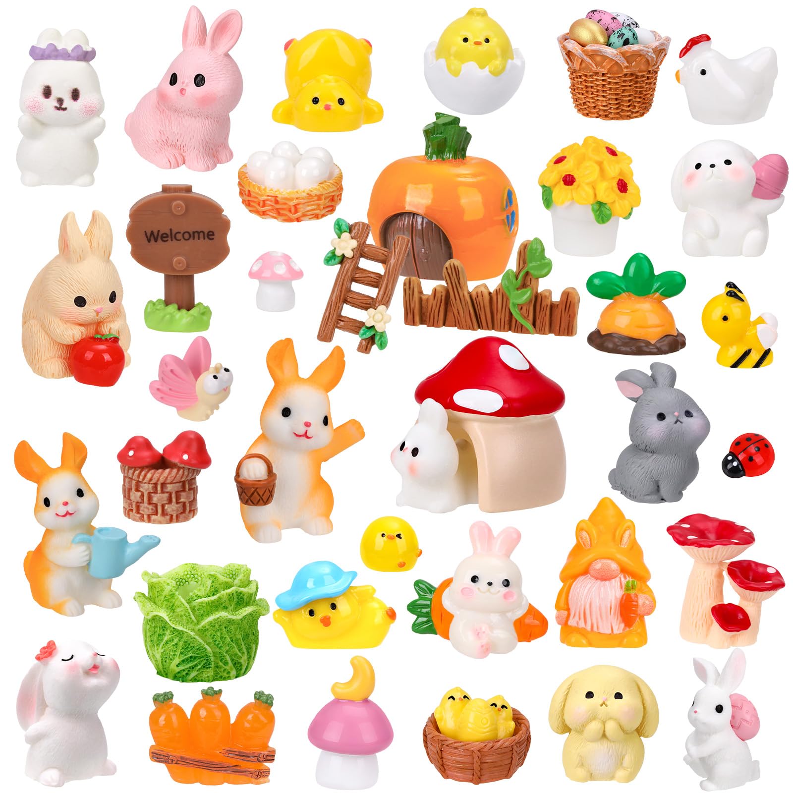 Photo 1 of 56 Pcs Easter Mini Resin Figures 56 Style Little Figures to Hide Tiny Small Bunny Chick Basket Carrot Bulk Miniature Figurines for Easter Egg Fillers Party Favors Fairy Garden Dollhouse Table Decor
