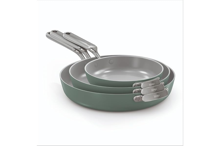Ninja NeverQuit 3-Piece Ceramic Fry Pan Set, Forest Sage, CQ13000GN6 | Nontoxic¹, nonstick ceramic-coated cookware set; 12”, 10.25", and 8” fry pans, easy storage, 3-year guarantee