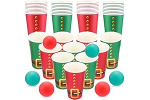 Jingmore Christmas Party Game Supplies Set, 60 Pcs 16 oz Red Green Paper Cups with 12 Balls, Santa Claus Belt Cups Christmas Games for Adults House Xmas Party Favors Holidays