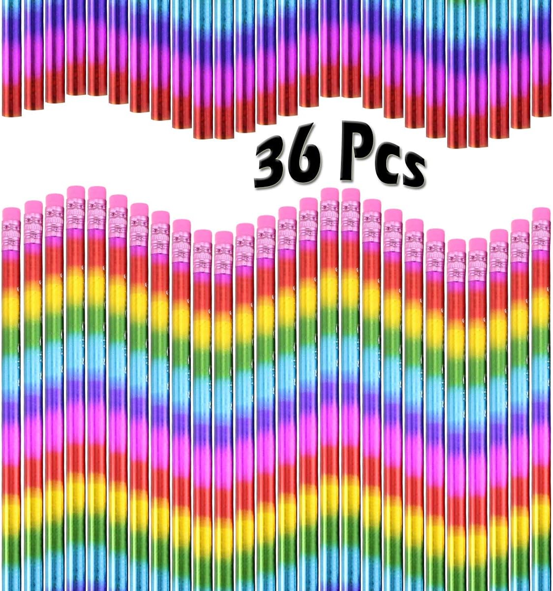 WFPLUS 36 Pieces Rainbow Pencil with Eraser Top - Colorful Neon Pencils For School Office Supplies and Classroom Rewards
