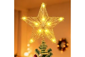 Qoosea Christmas Tree Topper Star - 20-LED Golden Glitter Star with Warm Winter Lights for Xmas Decor, Holiday Decoration for