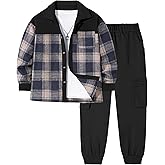 Jrbybazy Boys Clothes 2Pcs Plaid Shirt and Pocket Sweatpants Outfits for Fall Winter Boy Clothes Sets 6-14 Years