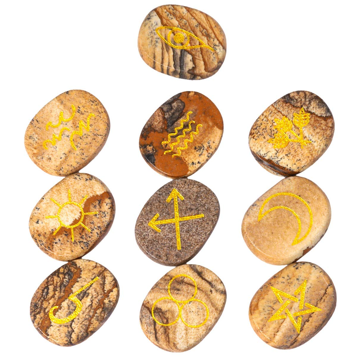 mookaitedecor Picture Jasper Witches Runes Set,Healing Crystal Palm Stone Engraved Gypsy Symbol for Meditation Divination