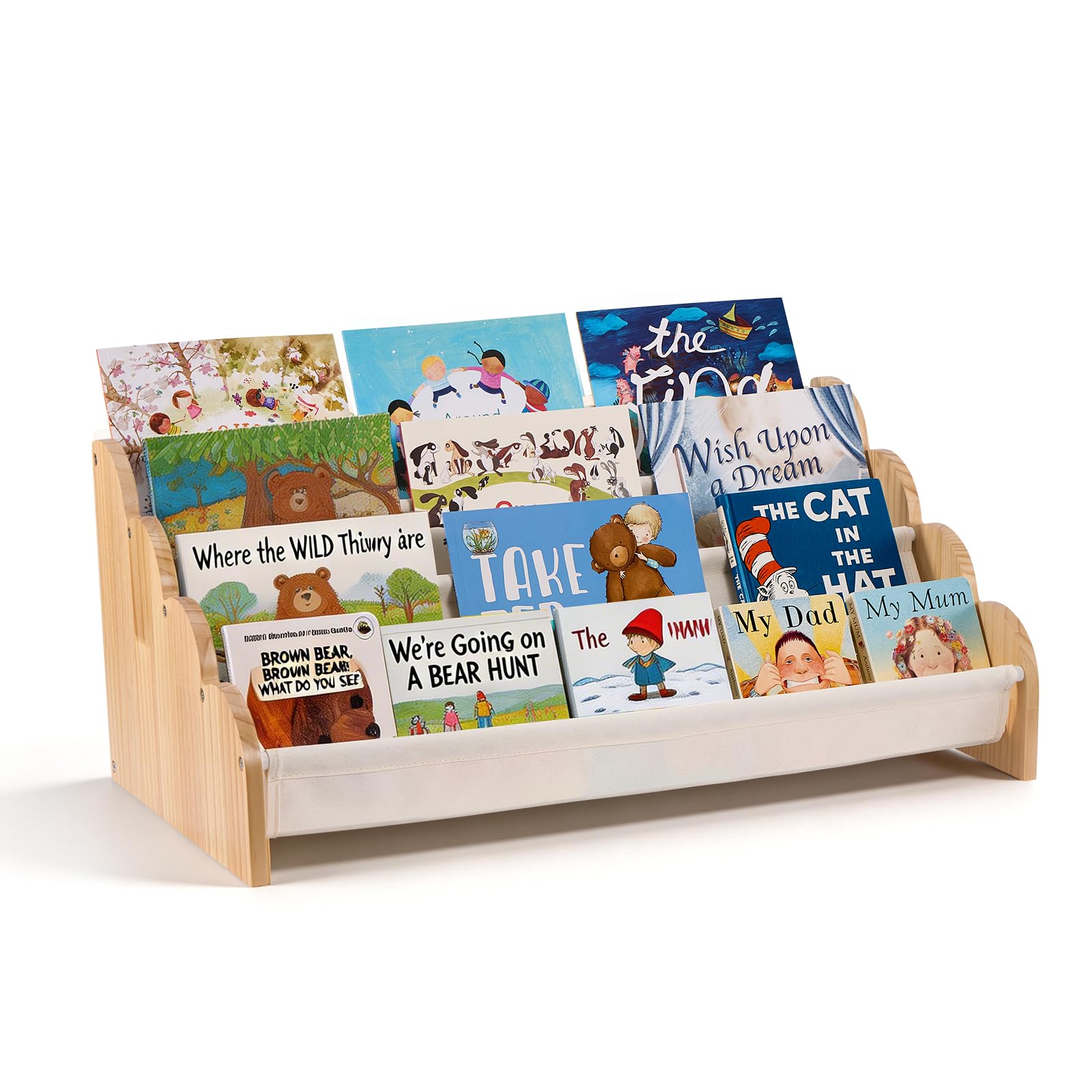 Puricon 4-Tier Kids Bookshelf, Wooden Bookcase Organizer for Toddlers with Deep Pockets & Wavy Edge, Decorative Front-Facing Sling Book Rack for Kids Rooms, Nursery, Playroom and Classroom -Beige