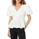 MOON RIVER Women's V Neck Bubble Sleeve Shirred Top