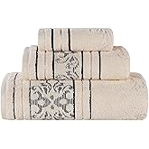 Superior Cotton 3 Piece Towel Set, Includes 1 Bath, 1 Hand, 1 Washcloth/Face Towel, Quick Dry, Home Essentials, Shower, Spa, Luxury Plush Soft Absorbent Towels, Zero Twist, Jacquard Floral, Ivory