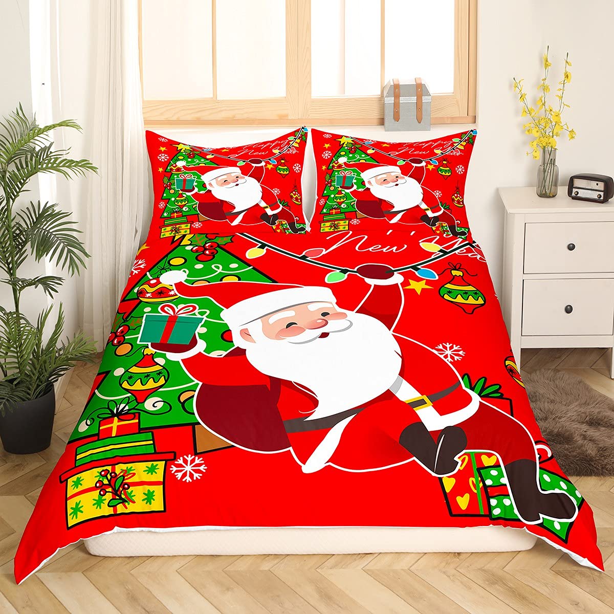 Christmas Duvet Cover Santa Claus Bedding Set for Kids Boys Girls New Year Present Comforter Cover Christmas Trees Red Green Bedding & Linen with 1 Pillowcase 2Pcs Bedding Single