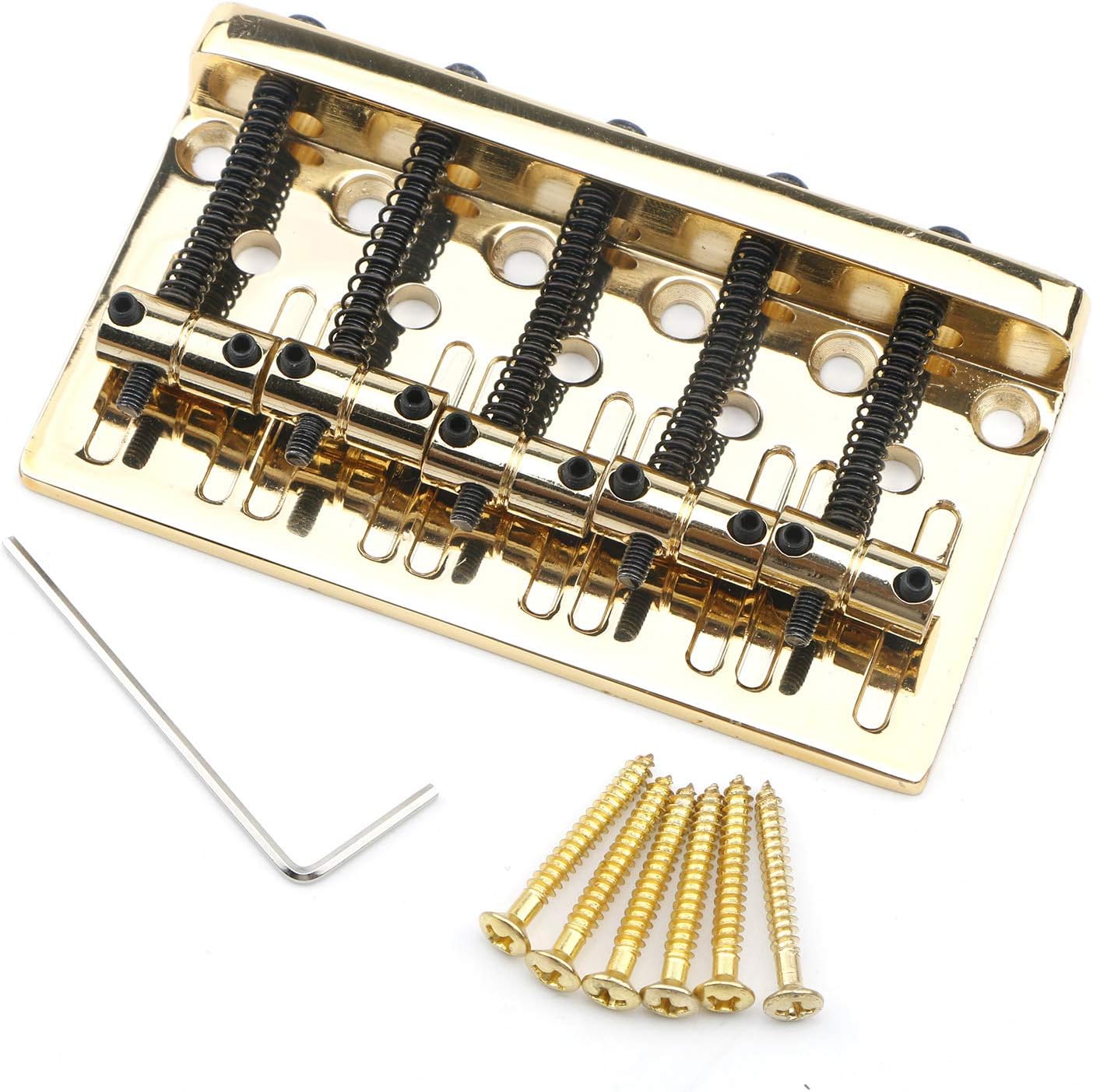 Unxuey 1pcs Electric Guitar Bass 5-String Bridge, Fix Hard-tail Tailpiece Electric Bass Accessories Parts with Adjustment Wrench, Gold