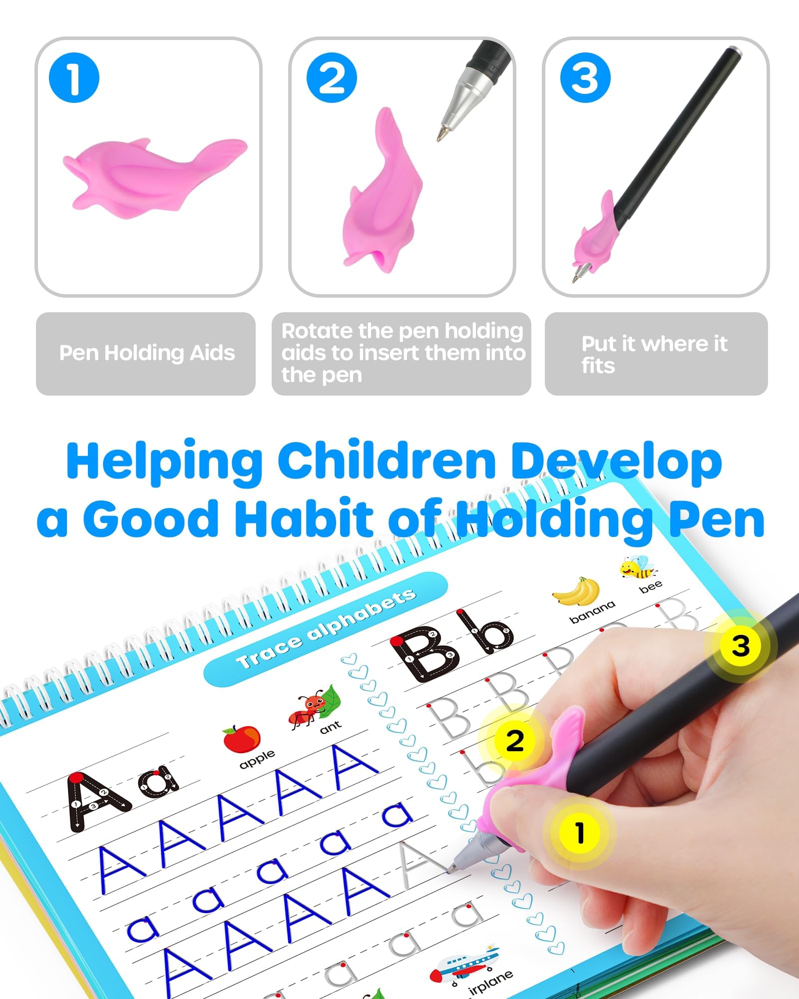 D-FantiX 4 in 1 Large Magic Grooved Writing Practice for Kids Age 3-5, Reusable Grooved Handwriting Practice for Kids 5-7, Learn to Write Number Letter Tracing Books for Kids Kindergarten Preschool