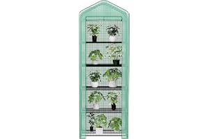 CEBOLAN 5 Tiers Mini Greenhouse, Waterproof Green Houses for Outdoor, Garden Patio Greenhouse for Plant Seeding with Portable Metal Shelves, Roll-Up Zipper and Heavy Duty PE Cover, (6.6x1.61x2.33 FT)