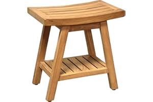 WWVVPET Asta Saba Solid Teak Indoor Outdoor Shower/Bath/Spa Stool Bench with Bottom Shelf, Fully Assembled, TB-115A