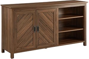 Walker Edison Modern Wood Grooved Buffet Sideboard with Open Storage-Entryway Serving Storage Cabinet Doors-Dining Room Console, 58 Inch, Dark Walnut