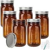 DHSBTLS 32 oz Glass Mason Jars, 6 Pack Amber Wide Mouth Glass Canning Jars with Silver Aluminum Lids and Bands, Airtight Jars