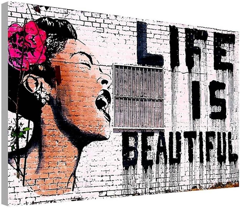 Alonline Art - Life Is Beautiful by Banksy | print on canvas | Ready to frame (synthetic, Rolled) | 36"x24" - 91x61cm | Wall art home decor for toilet or for kitchen | picture giclee artwork HD