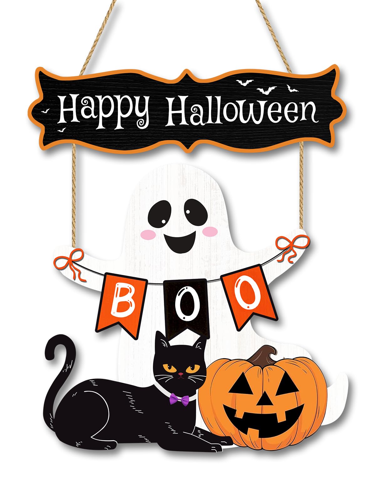Halloween Wreaths for Front Door Welcome Sign for Happy Halloween Wall Decorations Wooden Boo Ghost Black Cat Pumpkin Hanging Wall Decor Indoor Holiday Decor (halloween 01)