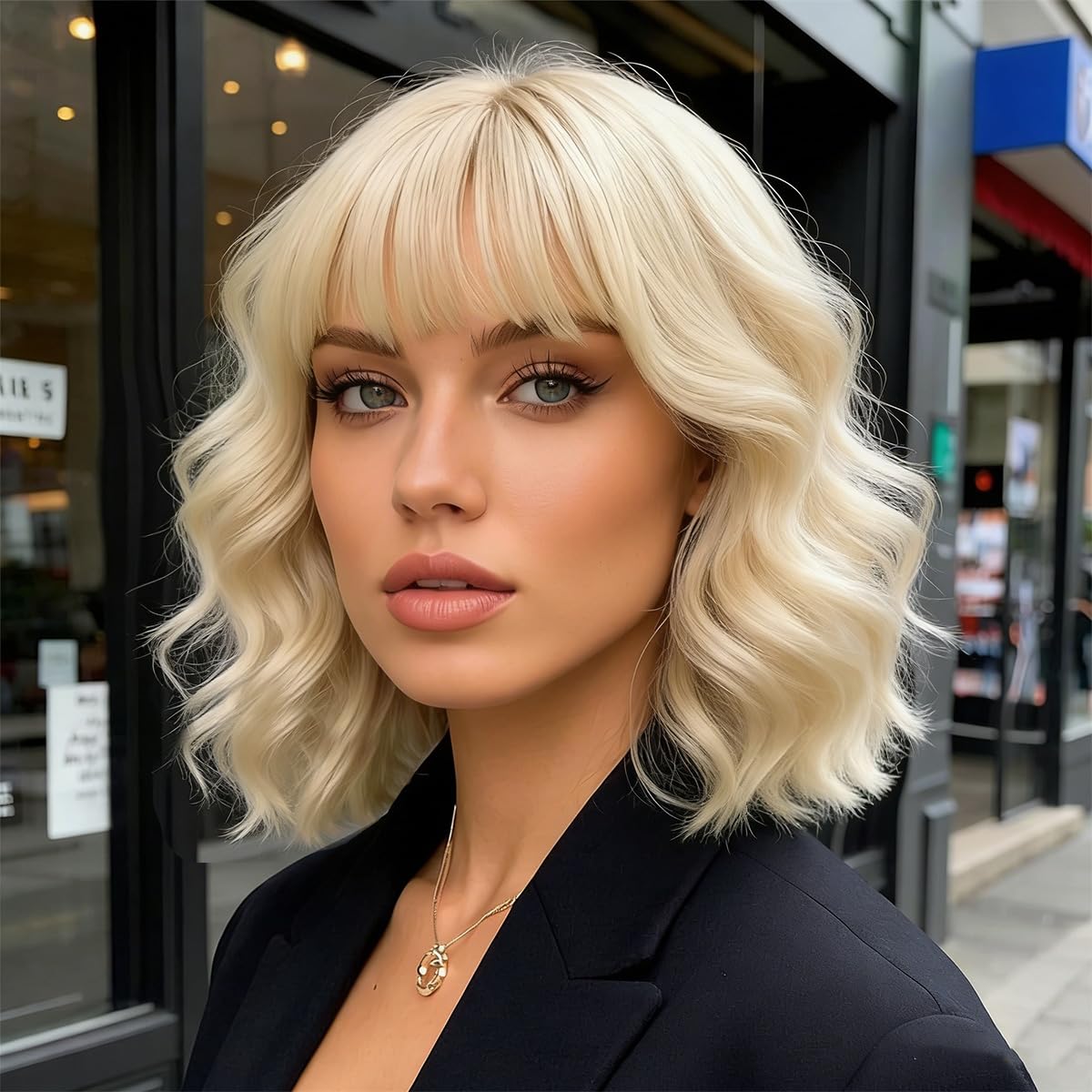 Yamel Wavy Bob Wig with Bangs Natural Blonde Wig Synthetic Hair Shoulder Length Short Curly Wigs for Women — image 1